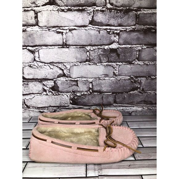 MINNETONKA Pink Rawhide Lace Cally Slip On Leather Moccasins Women Sz 8M US/39EU - Picture 1 of 16